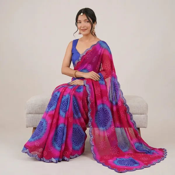Pink_And_Blue_Georgette_Bandhani_Mirror_Work_Saree_For_Women