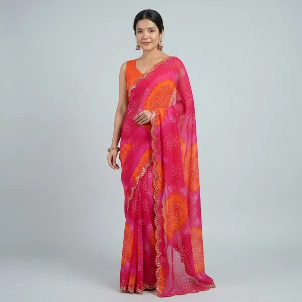 Pink_Georgette_Bandhani_Printed_Mirror_Cut_Work_Saree_For_Women