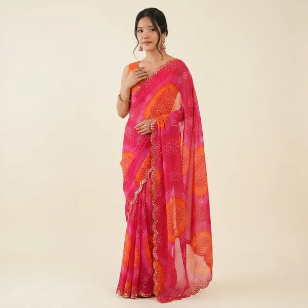 Pink_Georgette_Bandhani_Printed_Mirror_Cut_Work_Saree_For_Women