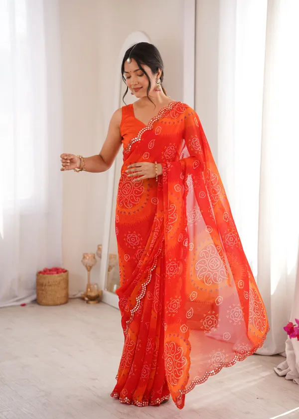 Orange_Georgette_Bandhani_Printed_Mirror_Cut_Work_Saree_For_Women