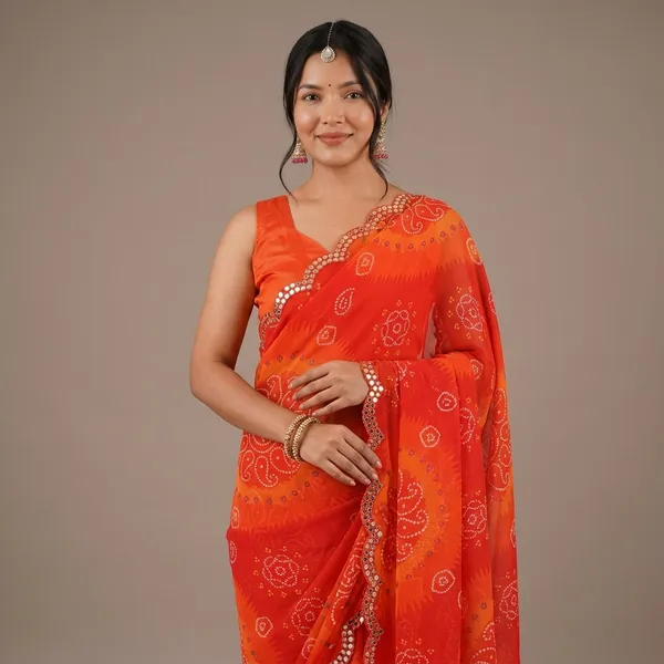 Orange_Georgette_Bandhani_Printed_Mirror_Cut_Work_Saree_For_Women