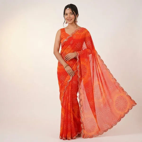 Orange_Georgette_Bandhani_Printed_Mirror_Cut_Work_Saree_For_Women