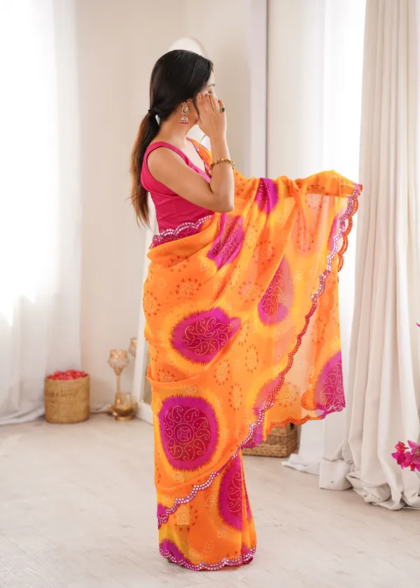 Orange_And_Red_Georgette_Bandhani_Printed_Mirror_Cut_Work_Saree_For_Women