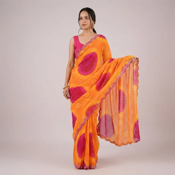 Orange_And_Red_Georgette_Bandhani_Printed_Mirror_Cut_Work_Saree_For_Women