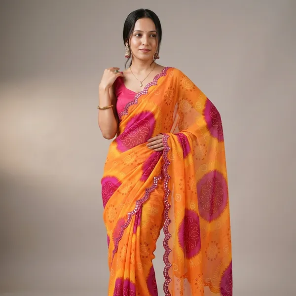 Orange_And_Red_Georgette_Bandhani_Printed_Mirror_Cut_Work_Saree_For_Women