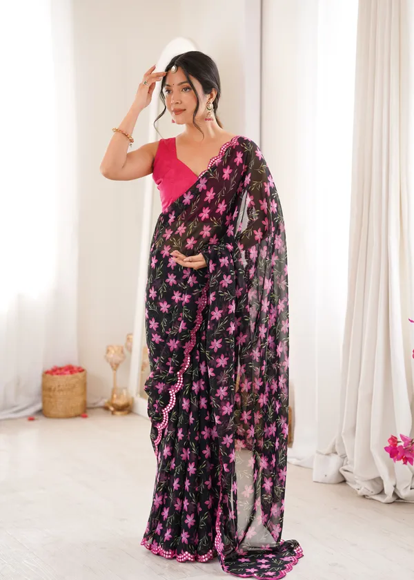 Black_And_Pink_Georgette_Floral_Printed_Mirror_Cut_Work_Saree_For_Women