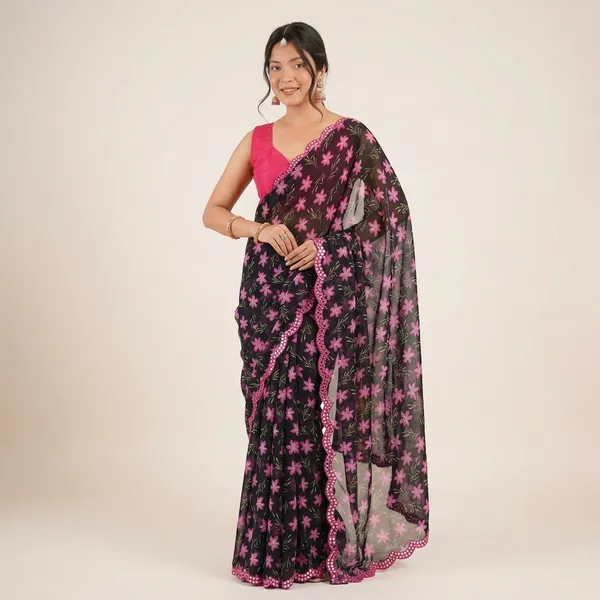 Black_And_Pink_Georgette_Floral_Printed_Mirror_Cut_Work_Saree_For_Women