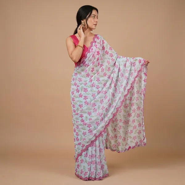 White_Georgette_Floral_Printed_Mirror_Cut_Work_Saree_For_Women