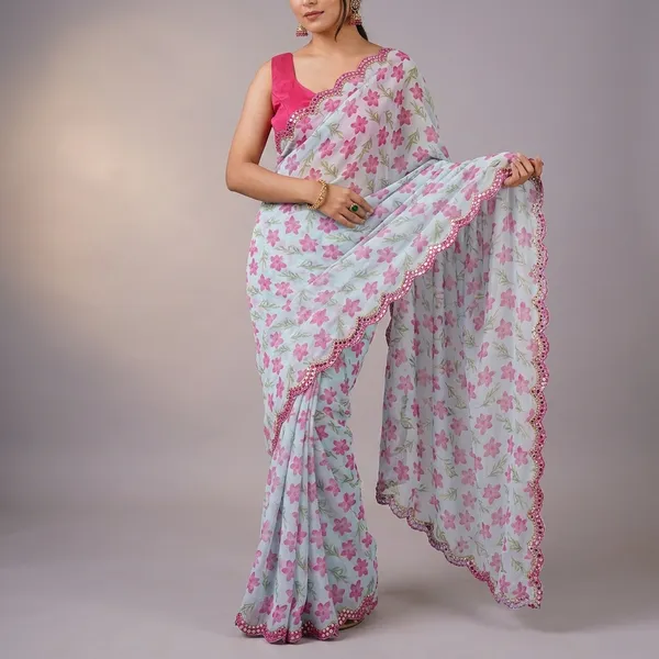White_Georgette_Floral_Printed_Mirror_Cut_Work_Saree_For_Women