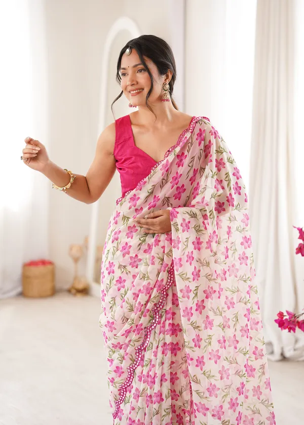 White_And_Pink_Georgette_Floral_Printed_Mirror_Cut_Work_Saree_For_Women