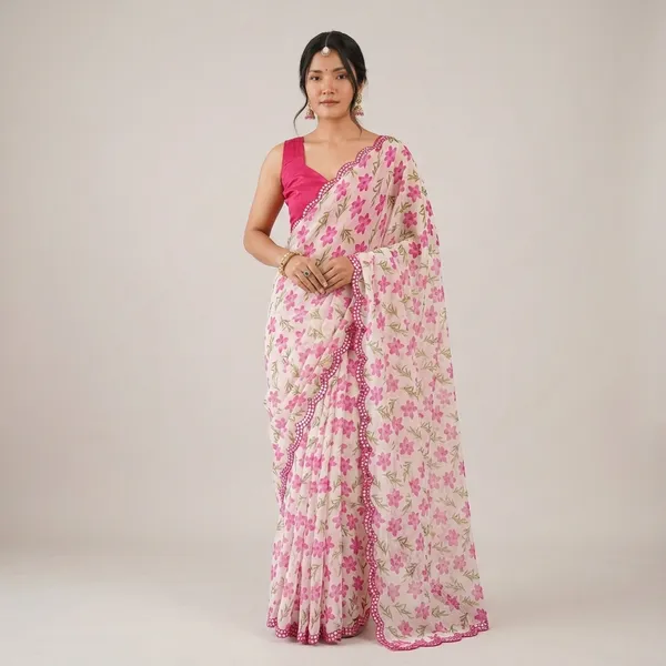 White_And_Pink_Georgette_Floral_Printed_Mirror_Cut_Work_Saree_For_Women