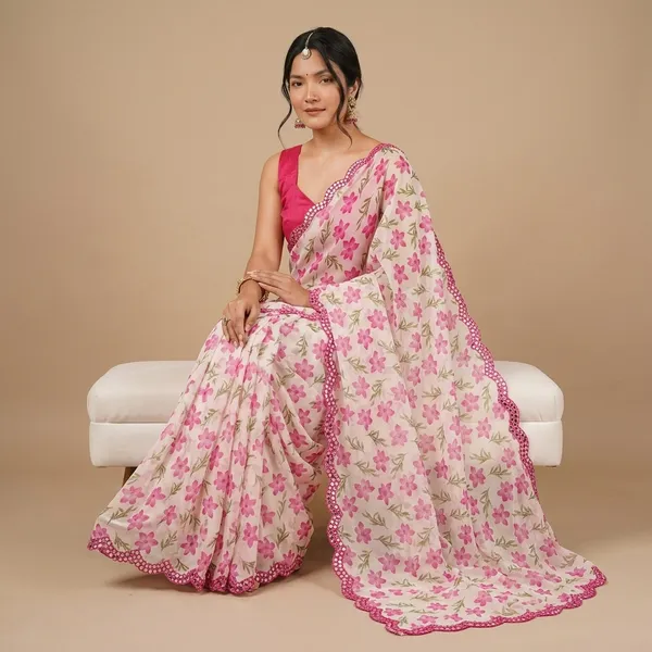 White_And_Pink_Georgette_Floral_Printed_Mirror_Cut_Work_Saree_For_Women