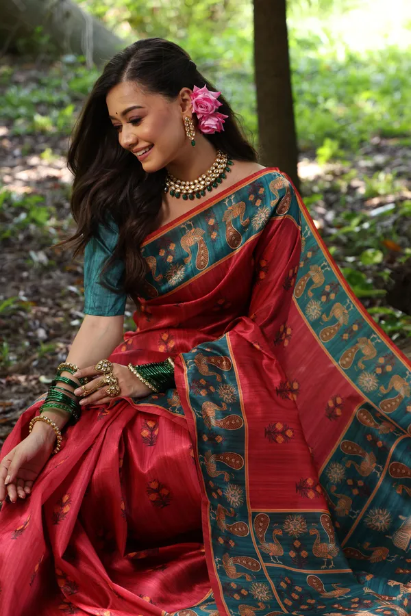 Red_And_Green_Georgette_Peacock_Printed_Saree_For_Women