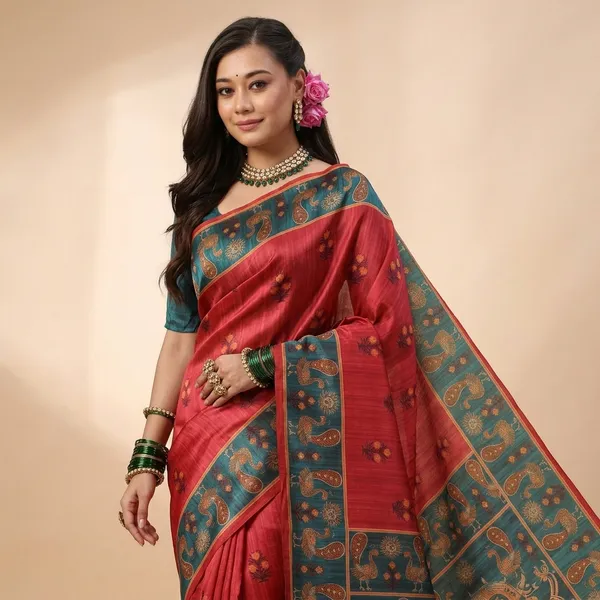 Red_And_Green_Georgette_Peacock_Printed_Saree_For_Women