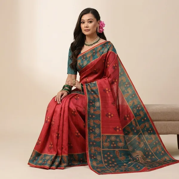 Red_And_Green_Georgette_Peacock_Printed_Saree_For_Women
