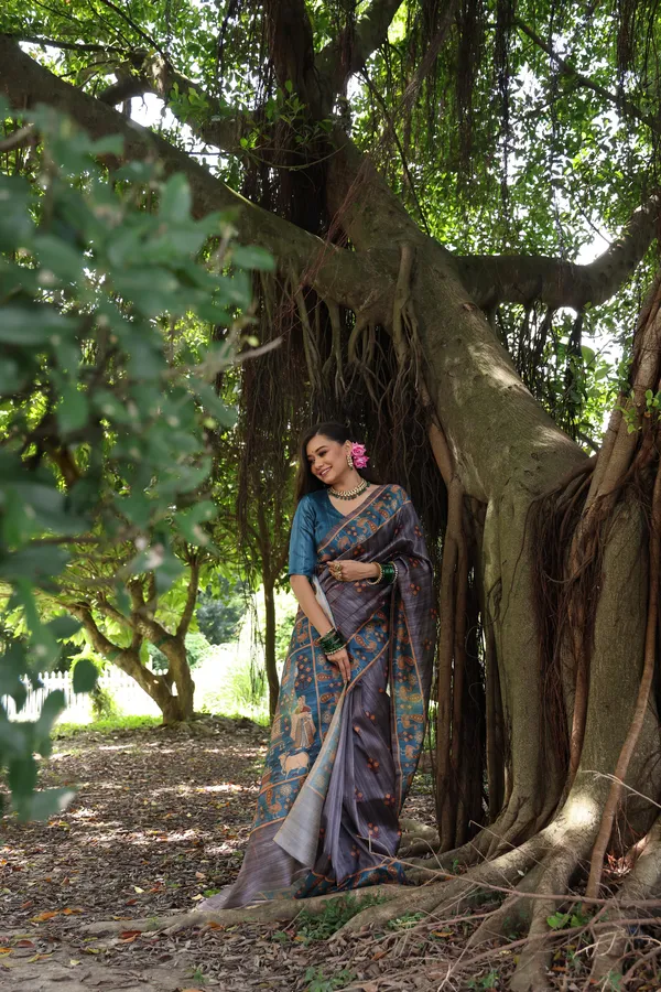Grey_And_Blue_Georgette_Peacock_Printed_Saree_For_Women