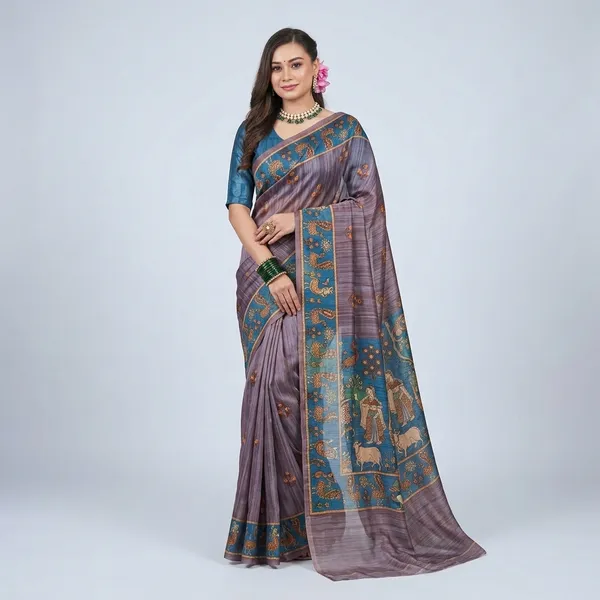 Grey_And_Blue_Georgette_Peacock_Printed_Saree_For_Women