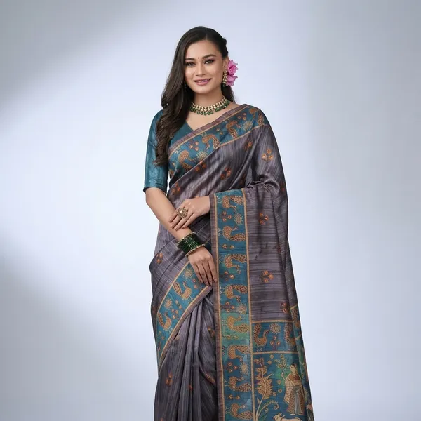 Grey_And_Blue_Georgette_Peacock_Printed_Saree_For_Women