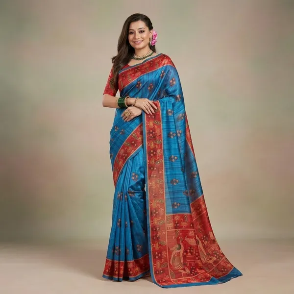 Blue_Georgette_Peacock_Printed_Saree_For_Women
