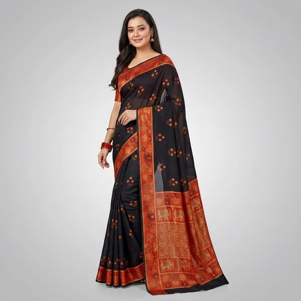 Black_Georgette_Peacock_Printed_Saree_For_Women