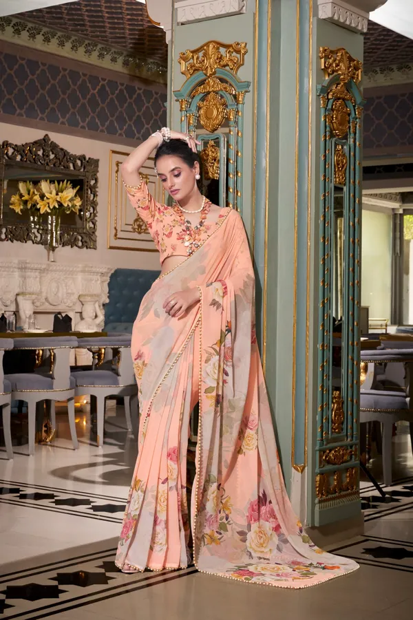 Peach_Georgette_Printed_Pearl_Lace_Saree_For_Women