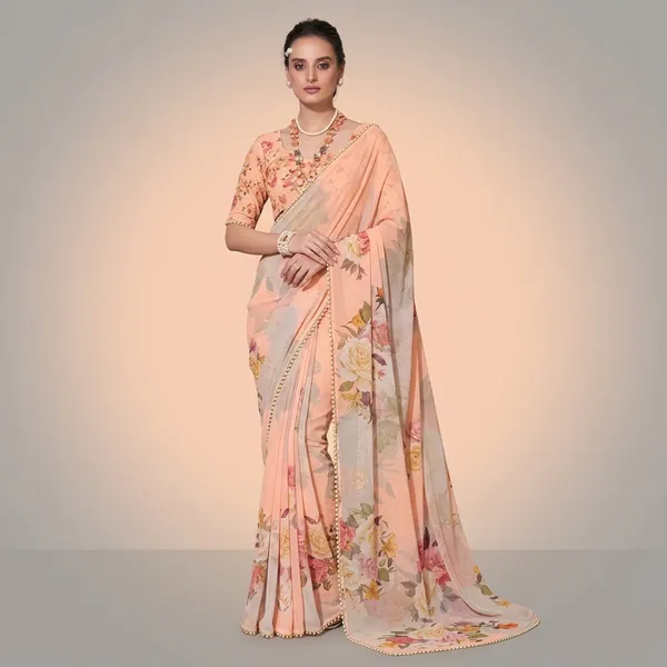 Peach_Georgette_Printed_Pearl_Lace_Saree_For_Women