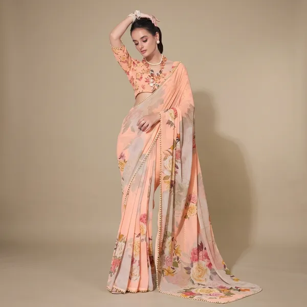 Peach_Georgette_Printed_Pearl_Lace_Saree_For_Women