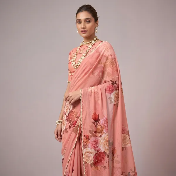 Peach_Georgette_Printed_Pearl_Lace_Saree_For_Women