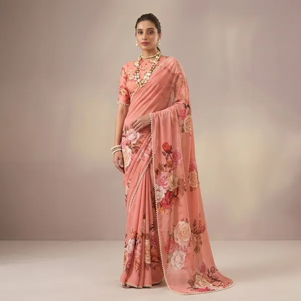 Peach_Georgette_Printed_Pearl_Lace_Saree_For_Women