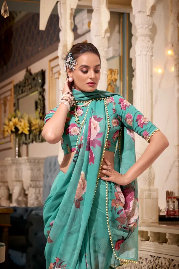 Green_Georgette_Printed_Pearl_Lace_Saree_For_Women