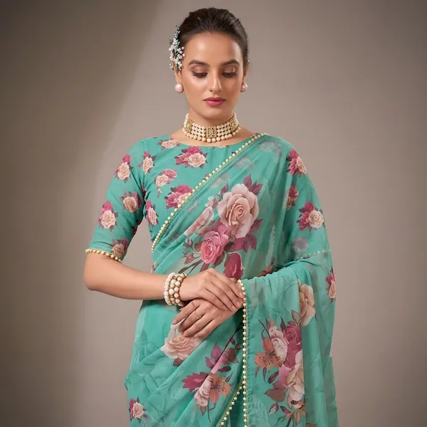 Green_Georgette_Printed_Pearl_Lace_Saree_For_Women