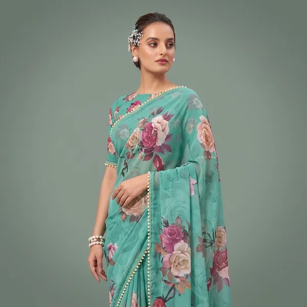 Green_Georgette_Printed_Pearl_Lace_Saree_For_Women