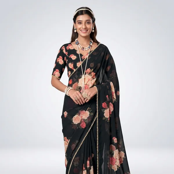 Black_Georgette_Printed_Pearl_Lace_Saree_For_Women