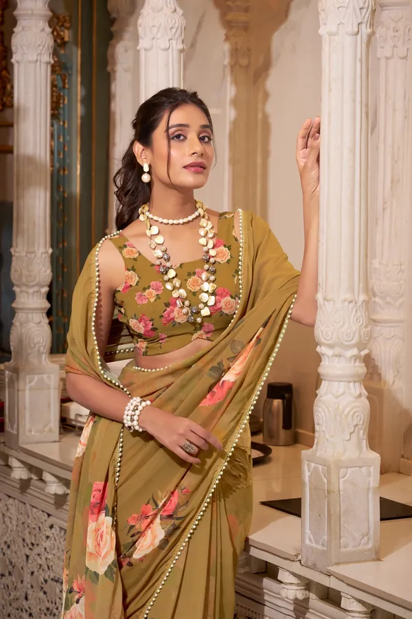 Olive_Georgette_Printed_Pearl_Lace_Saree_For_Women