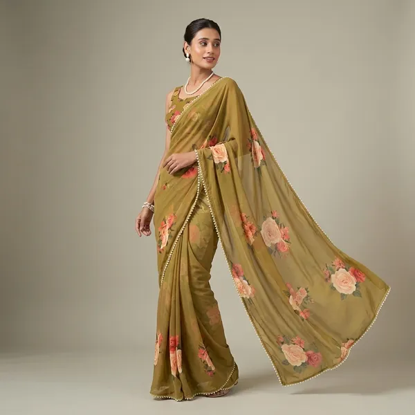 Olive_Georgette_Printed_Pearl_Lace_Saree_For_Women