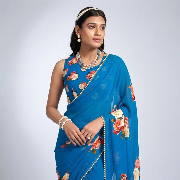 Blue_Georgette_Printed_Pearl_Lace_Saree_For_Women