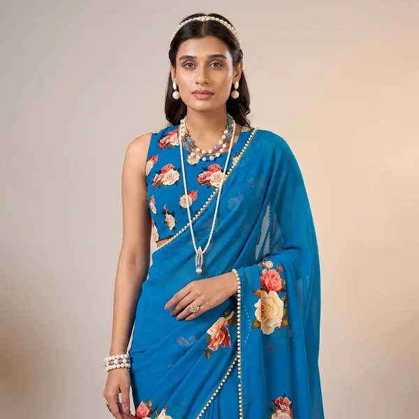 Blue_Georgette_Printed_Pearl_Lace_Saree_For_Women