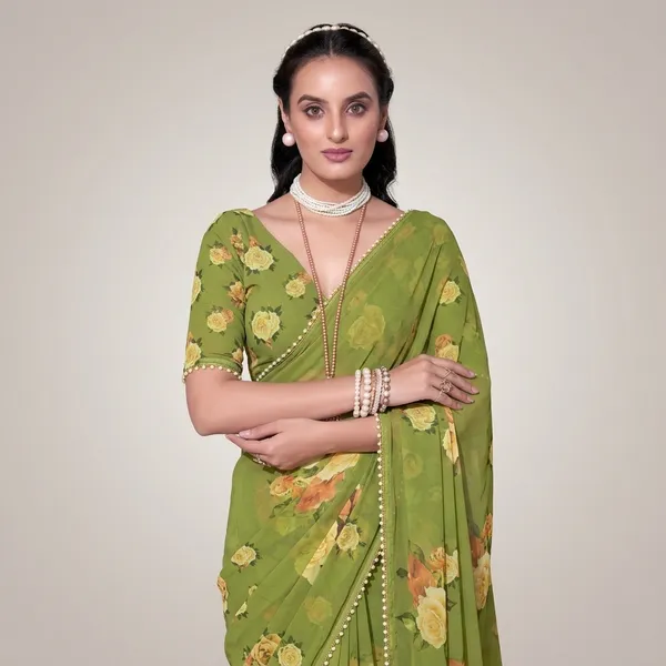Green_Georgette_Printed_Pearl_Lace_Saree_For_Women