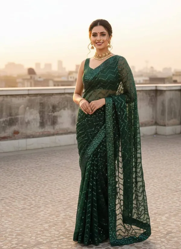 Green_Georgette_Sequin_Zigzag_Pattern_Saree_For_Women