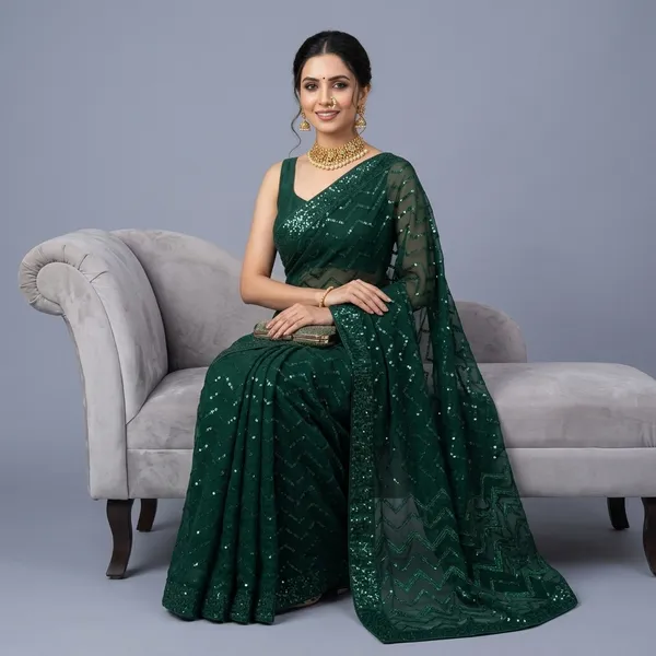 Green_Georgette_Sequin_Zigzag_Pattern_Saree_For_Women