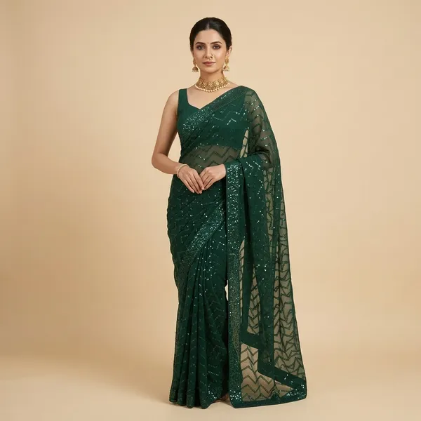 Green_Georgette_Sequin_Zigzag_Pattern_Saree_For_Women