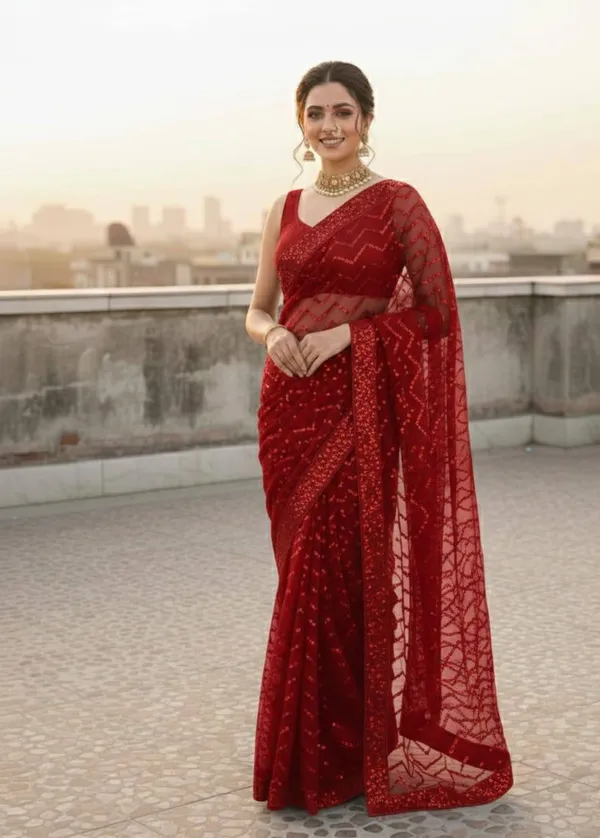 Red_Georgette_Sequin_Zigzag_Pattern_Saree_For_Women