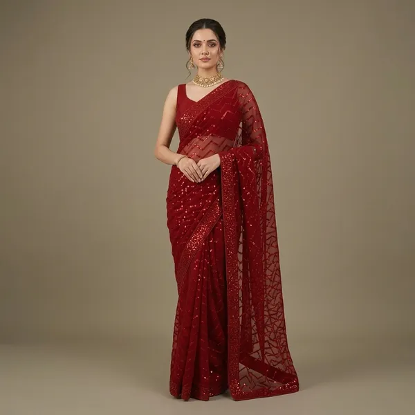Red_Georgette_Sequin_Zigzag_Pattern_Saree_For_Women