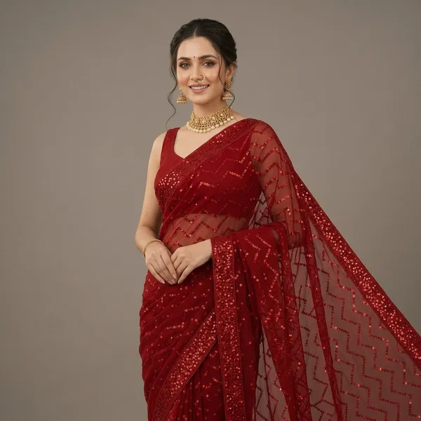 Red_Georgette_Sequin_Zigzag_Pattern_Saree_For_Women