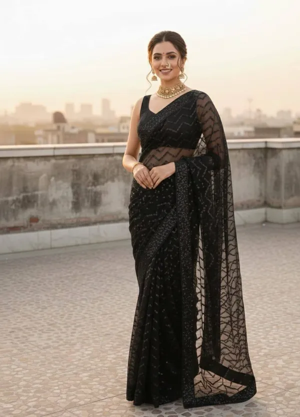 Black_Georgette_Sequin_Zigzag_Pattern_Saree_For_Women