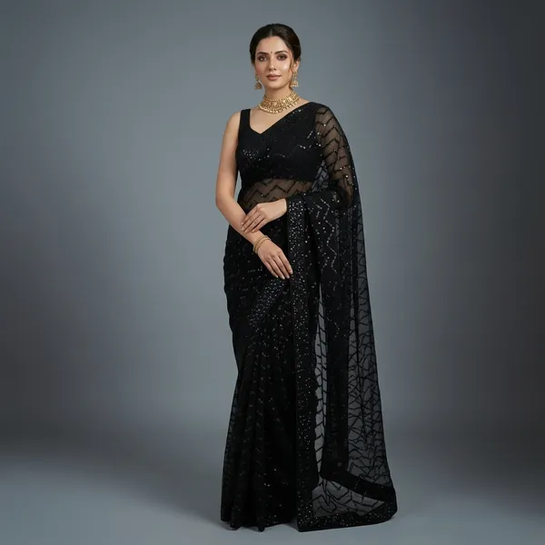 Black_Georgette_Sequin_Zigzag_Pattern_Saree_For_Women