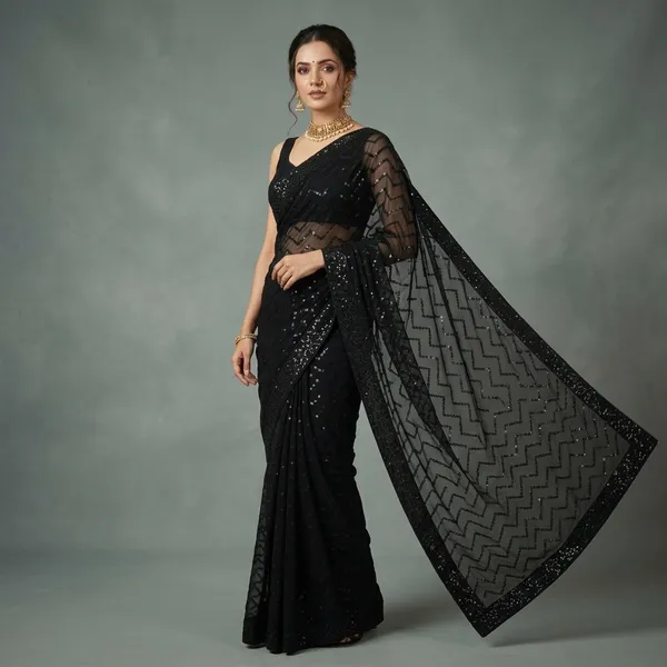 Black_Georgette_Sequin_Zigzag_Pattern_Saree_For_Women