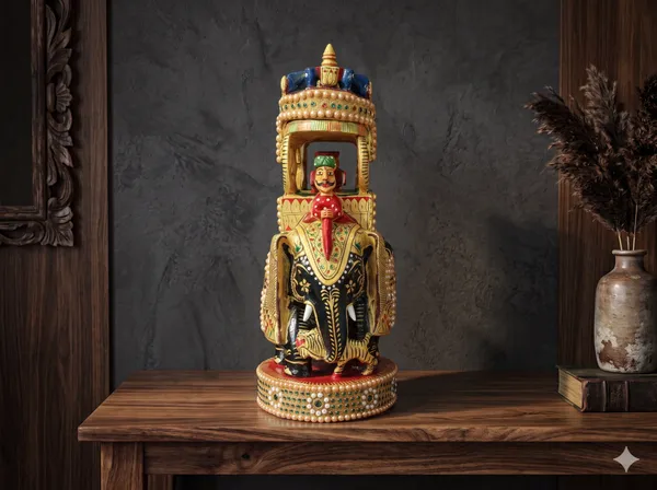 Handcrafted_Royal_Wooden_Ambari_Elephant_with_Pillared_Pavilion_&_Peacock_Canopy_–_Pearl_&_Gemstone_Procession_Centerpiece