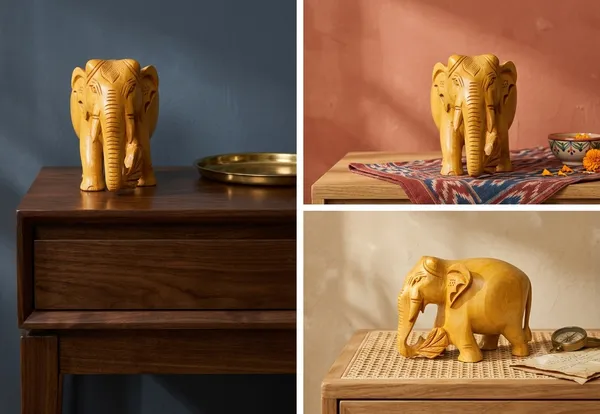 Hand-Carved_Natural_Wood_Elephant_Holding_Leaf_Branch_–_Solid_Kadam_Timber_Wildlife_Desktop_Figurine