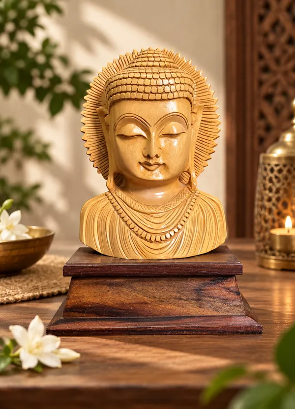 Inch_Handcrafted_Wooden_Buddha_Statue_with_Sunburst_Halo_–_Solid_Kadam_Wood_&_Rosewood_Base_Bust_for_Living_Room,_Office_Desk_&_Pooja_Decor